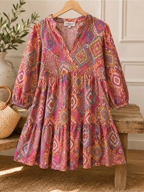 Le Ragazze 100% Linen Dress S Made in Italy Boho Paisley Tiered Pink NWOT